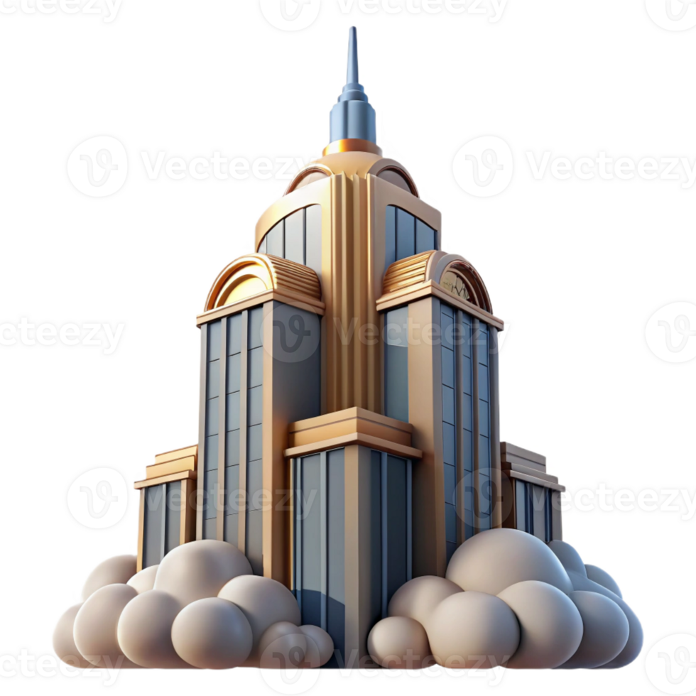 vibrant classic Art deco skyscraper reaching into a cloudy sky, intricate architectural details, soft morning light, photorealistic style original png