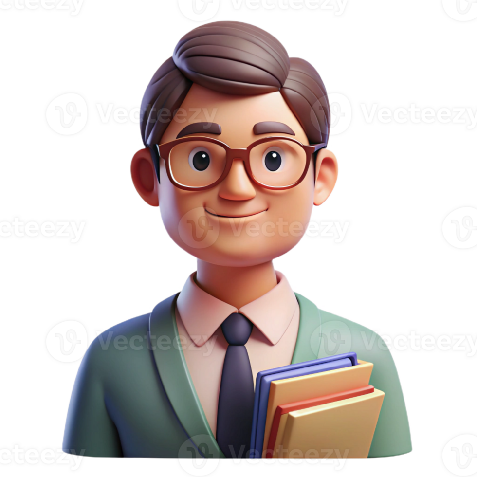 dramatic modern Portrait of a dedicated teacher with glasses and a stack of books, lit by the warm light of a classroom, in a heartwarming illustration style original png