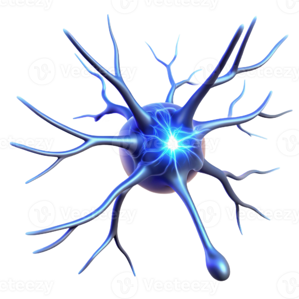elegant classic A single, isolated neuron firing electrical impulses, illuminated by a bright, electric blue spark, rendered in a microscopic, scientific style genuine png
