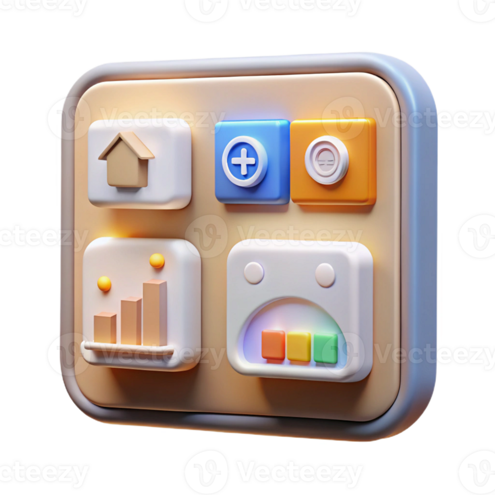 beautiful artistic A smart home control panel displaying various icons and data, illuminated by a soft, warm backlight, in a user interface design style genuine png