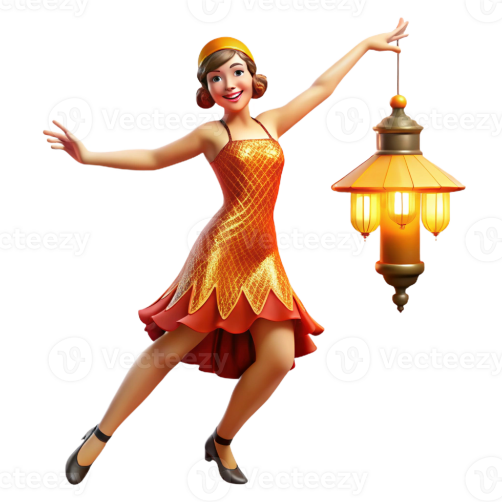 beautiful contemporary A young woman in a vibrant flapper dress dancing the Charleston in a smoky speakeasy, illuminated by the warm glow of Art Deco lamps. Dynamic, Art Deco style high quality png