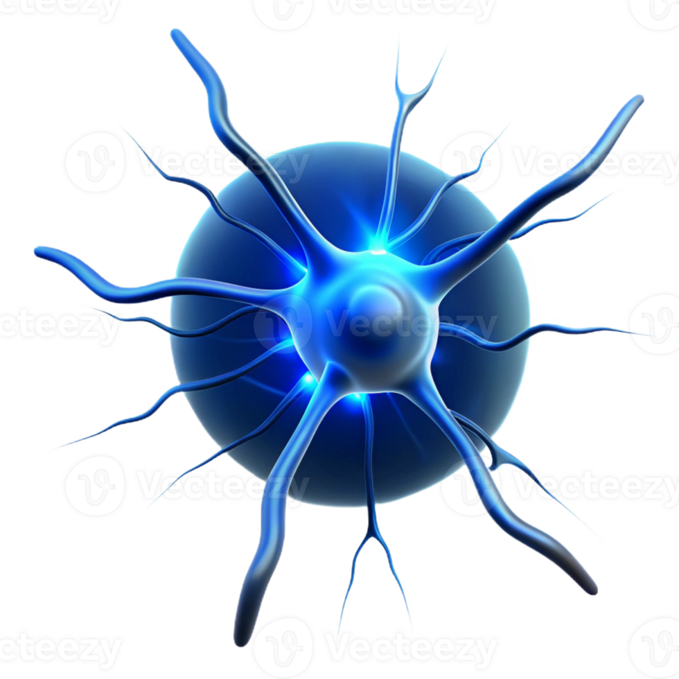 vibrant vintage A single, isolated neuron firing electrical impulses, illuminated by a bright, electric blue spark, rendered in a microscopic, scientific style high quality png