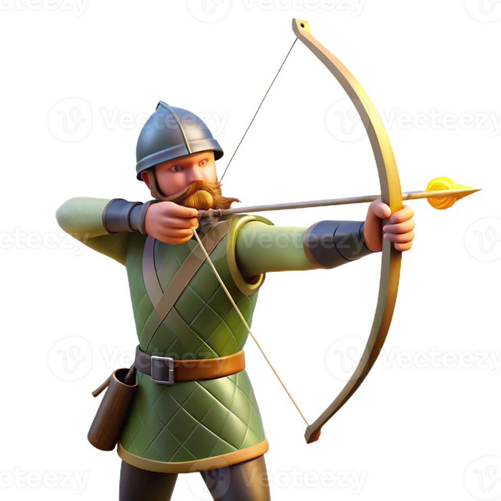 magnificent rustic A medieval archer aiming his longbow at a distant target, illuminated by the bright sunlight of a summer day, in a photorealistic style high quality png