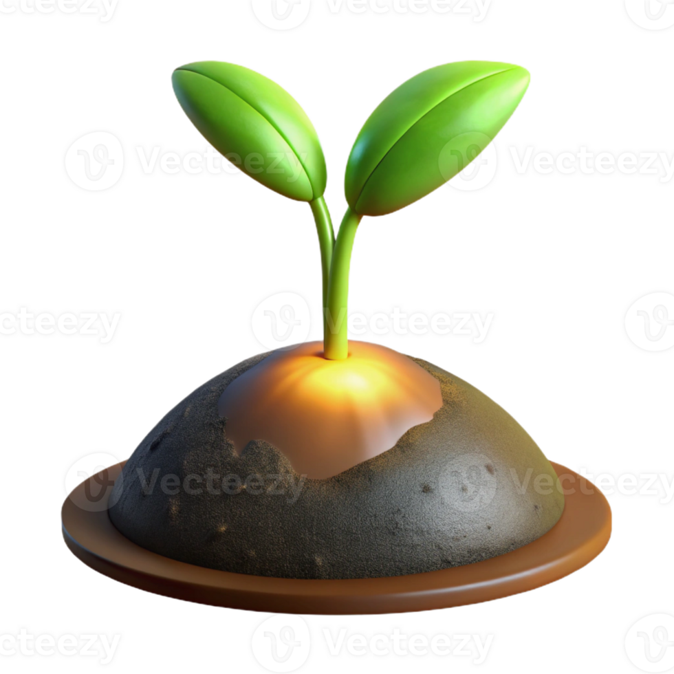 vibrant rustic A sprouting seedling pushing through rich, dark soil, lit by a warm, overhead light. Hopeful, life cycle theme genuine png