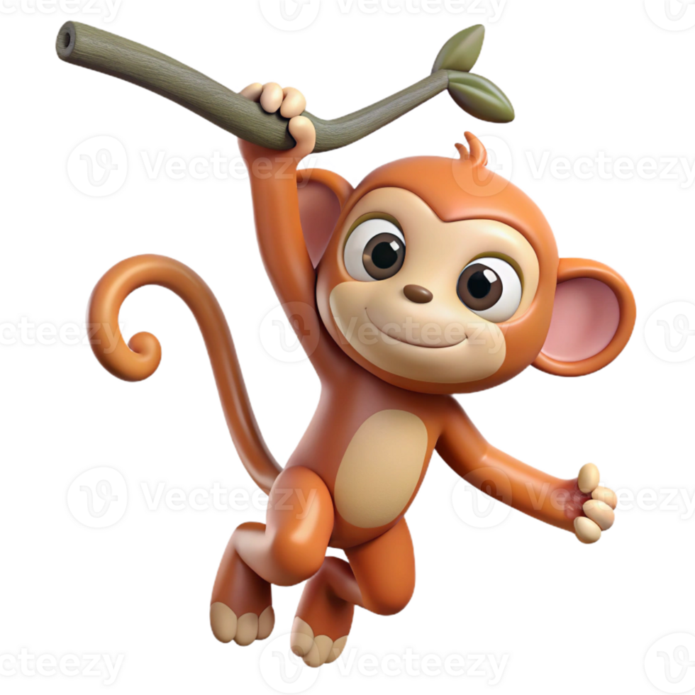 magnificent classic A mischievous monkey hanging from a tree branch by its tail, playful pose, jungle lighting, vibrant cartoon style detailed png