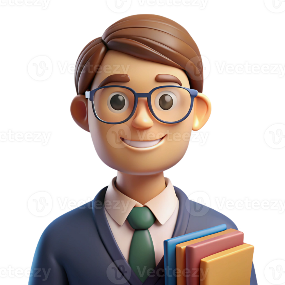 impressive artistic Portrait of a dedicated teacher with glasses and a stack of books, lit by the warm light of a classroom, in a heartwarming illustration style high quality png