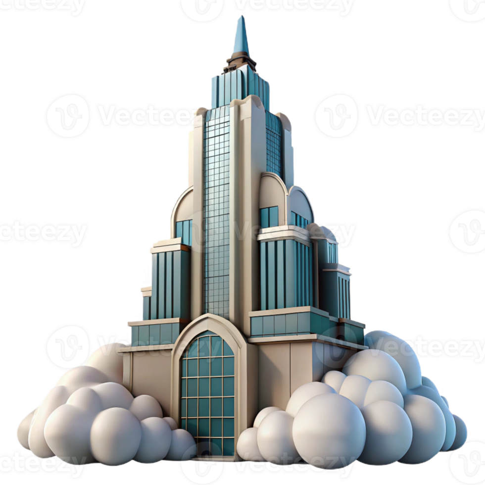 vibrant modern Art deco skyscraper reaching into a cloudy sky, intricate architectural details, soft morning light, photorealistic style 4K png