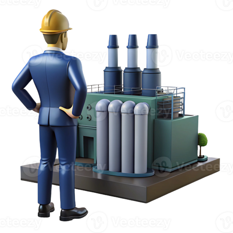 serene contemporary A lone figure in a power suit overlooking a sprawling industrial complex, powerful and imposing, dramatic backlighting premium png