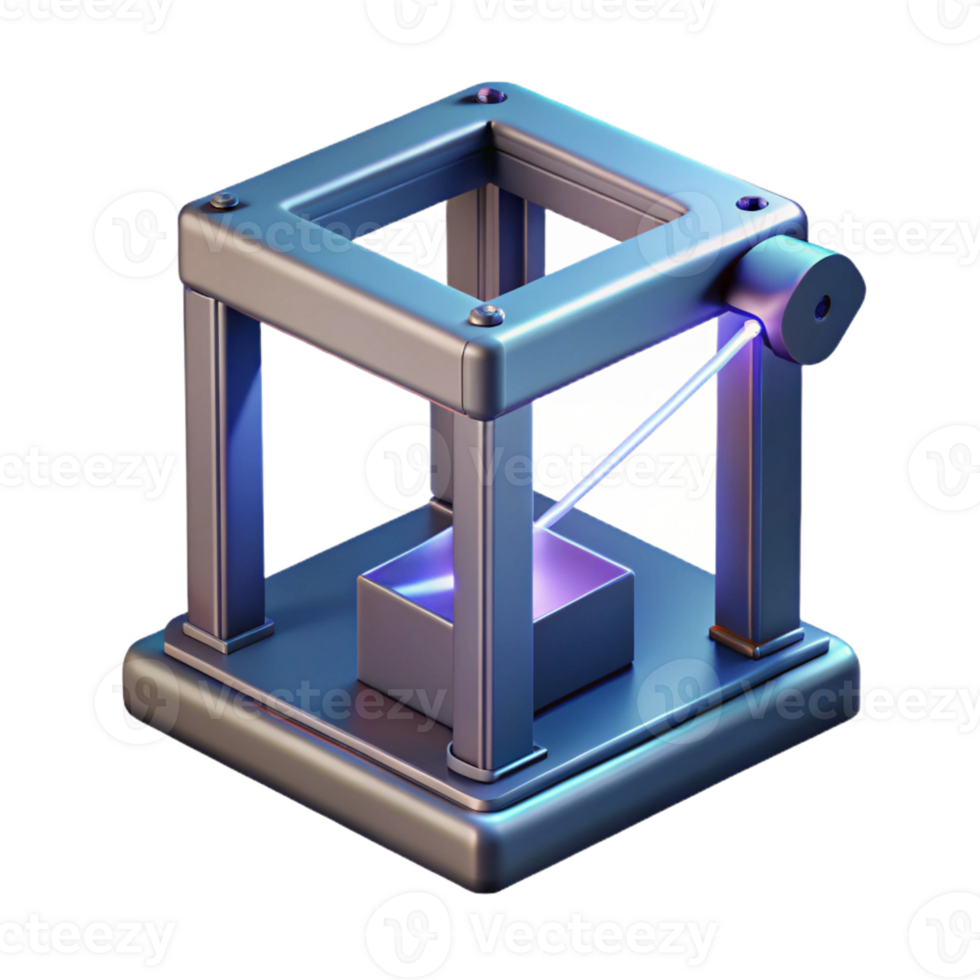 impressive artistic A 3D printer creating a complex, geometric object layer by layer, illuminated by a focused laser beam, rendered in a technical, manufacturing style professional png