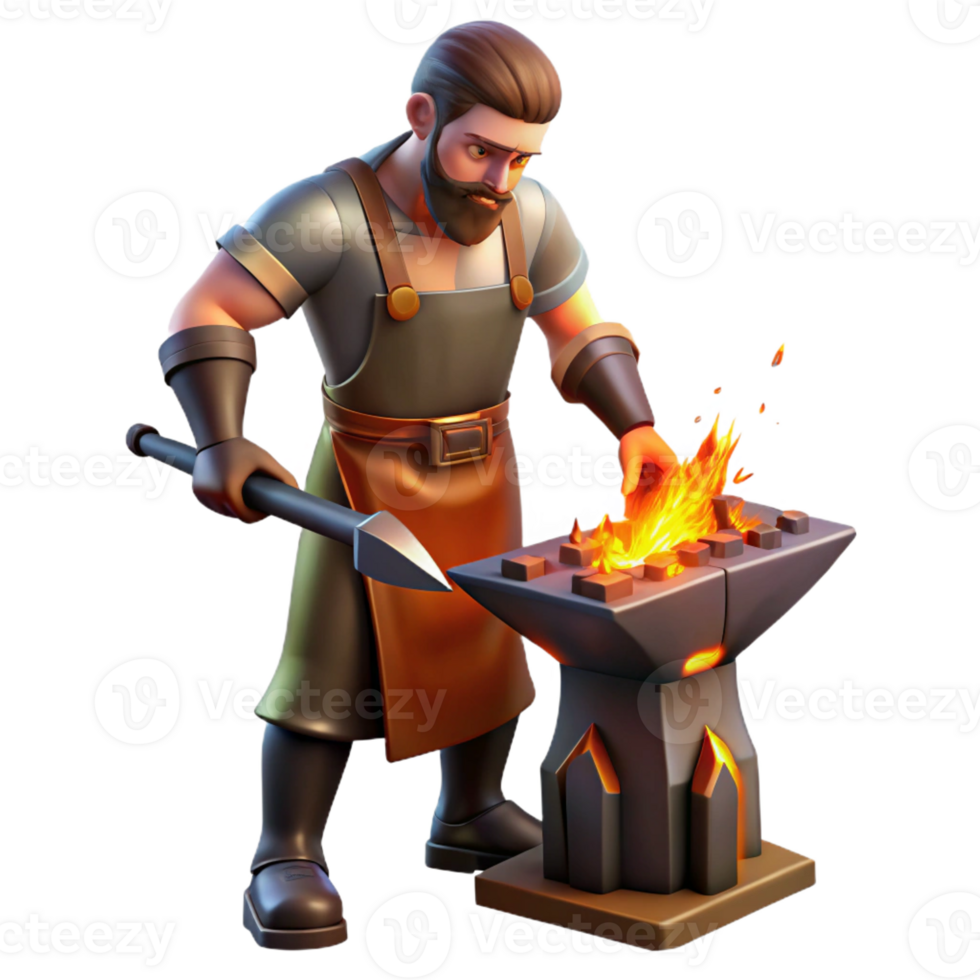 stunning artistic A skilled blacksmith forging a sword in his fiery forge, illuminated by the intense orange glow of the flames, in a realistic style detailed png