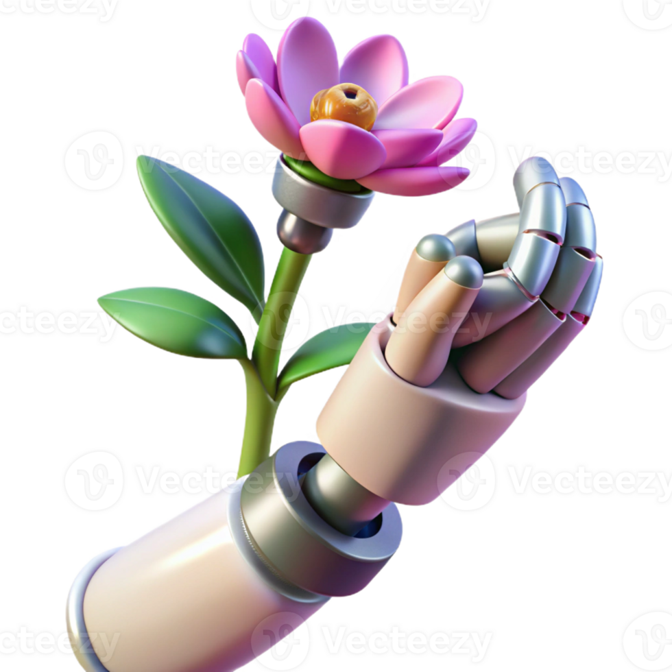 extraordinary creative A robotic arm holding a delicate flower, illuminated by soft, natural light. Botanical illustration style high resolution png