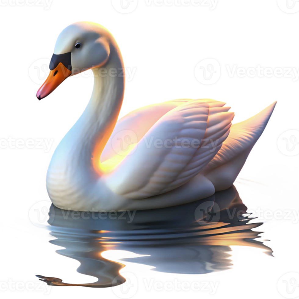 serene minimalist A graceful swan gliding across a calm lake, its white feathers illuminated by the soft glow of sunset, in a serene, romantic style exclusive png