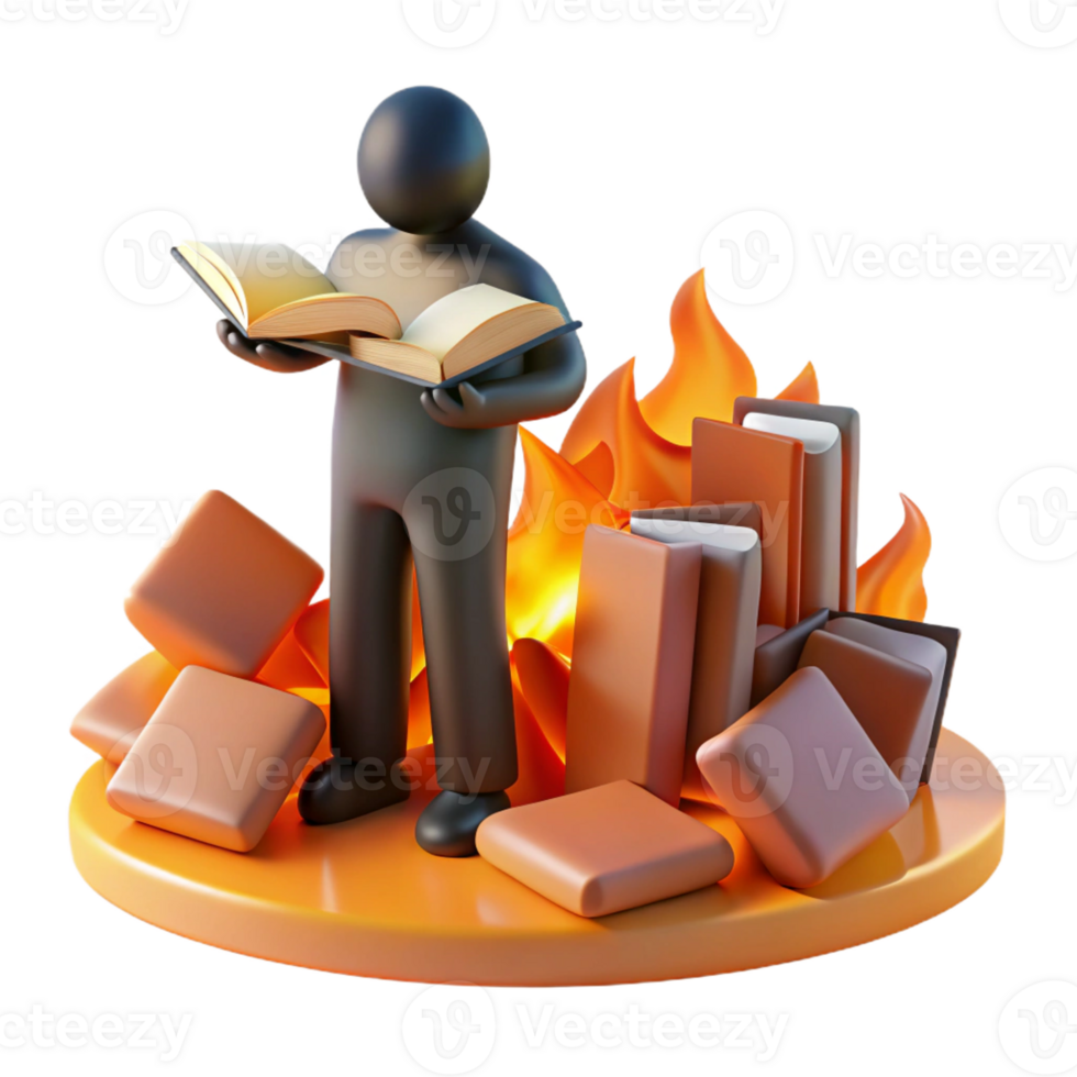 magnificent artistic A lone figure standing amidst a field of burning books, symbolic of censorship and oppression, fiery orange lighting genuine png