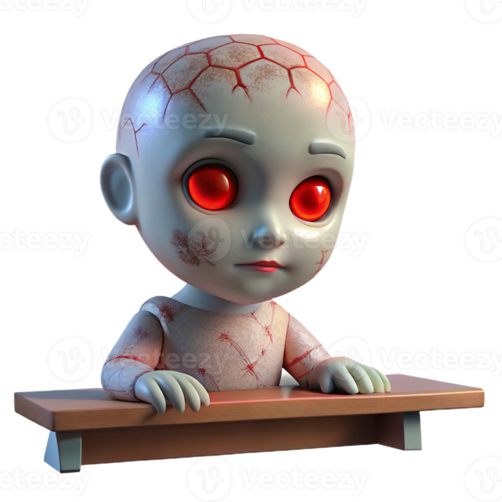 wonderful classic A porcelain doll with cracked paint and glowing red eyes sitting on a dusty shelf. Dim, candlelit lighting. Creepy doll, uncanny valley style professional png