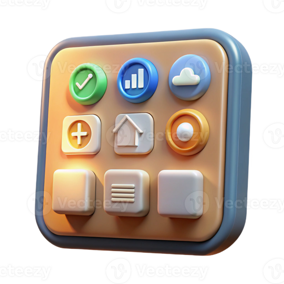 vibrant modern A smart home control panel displaying various icons and data, illuminated by a soft, warm backlight, in a user interface design style professional png