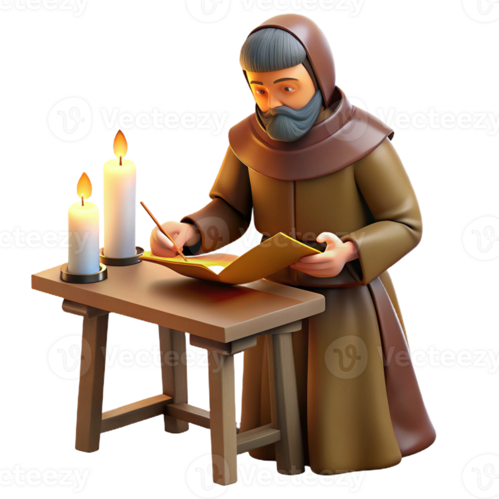 magnificent classic A medieval monk illuminated by the soft glow of a candle as he meticulously copies a manuscript in a scriptorium. Realistic, detailed style professional png