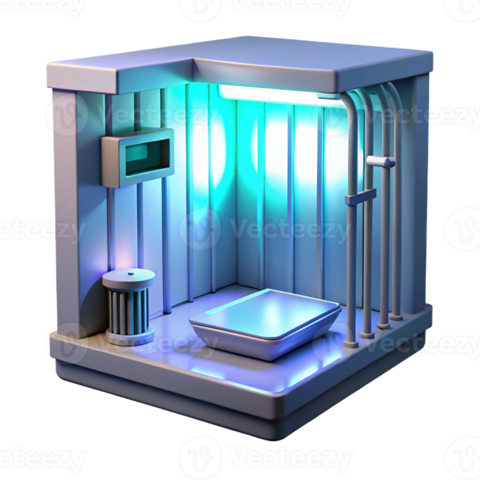 dramatic vintage A futuristic prison cell with a single occupant bathed in harsh white light, sterile and oppressive, bright fluorescent lighting detailed png