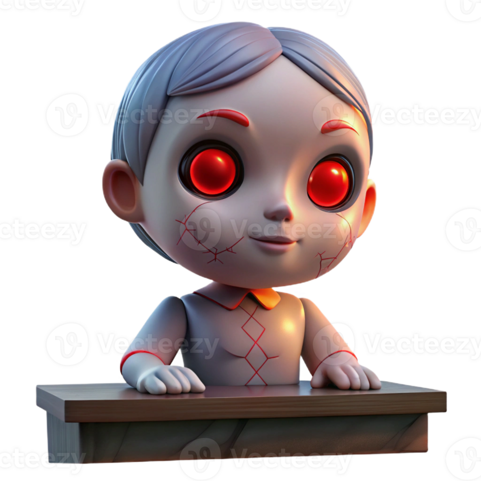 beautiful minimalist A porcelain doll with cracked paint and glowing red eyes sitting on a dusty shelf. Dim, candlelit lighting. Creepy doll, uncanny valley style high quality png