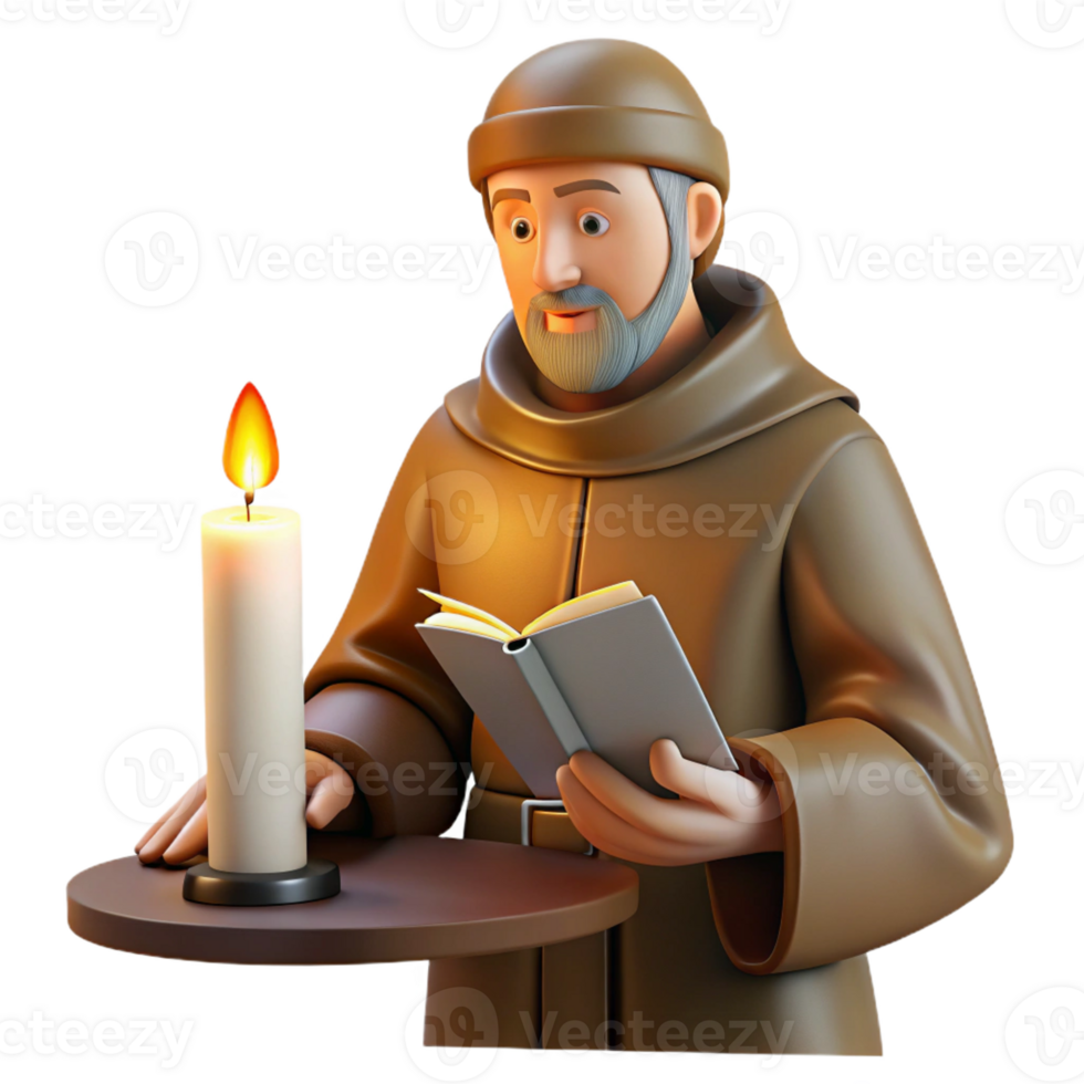 impressive modern A medieval monk illuminated by the soft glow of a candle as he meticulously copies a manuscript in a scriptorium. Realistic, detailed style high resolution png