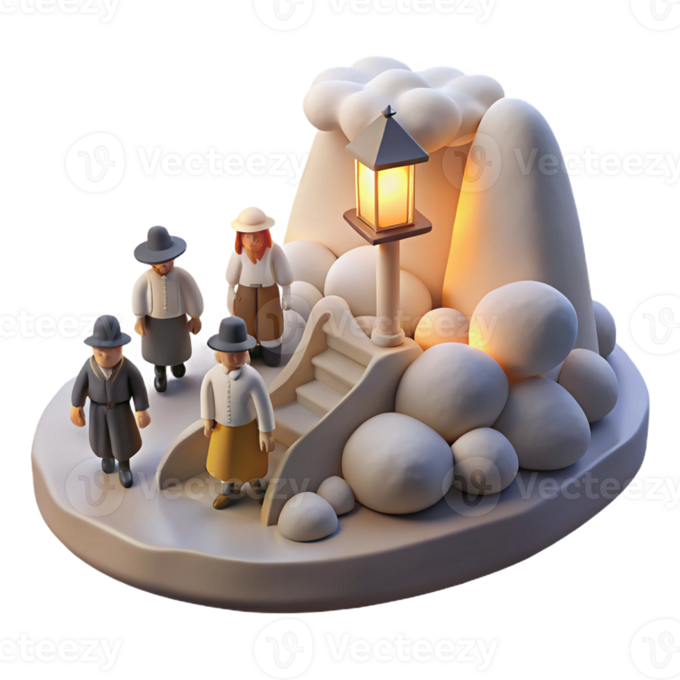 stunning traditional A group of pilgrims landing on Plymouth Rock, the scene illuminated by the soft, diffused light of a cloudy day. Realistic, historical style high quality png