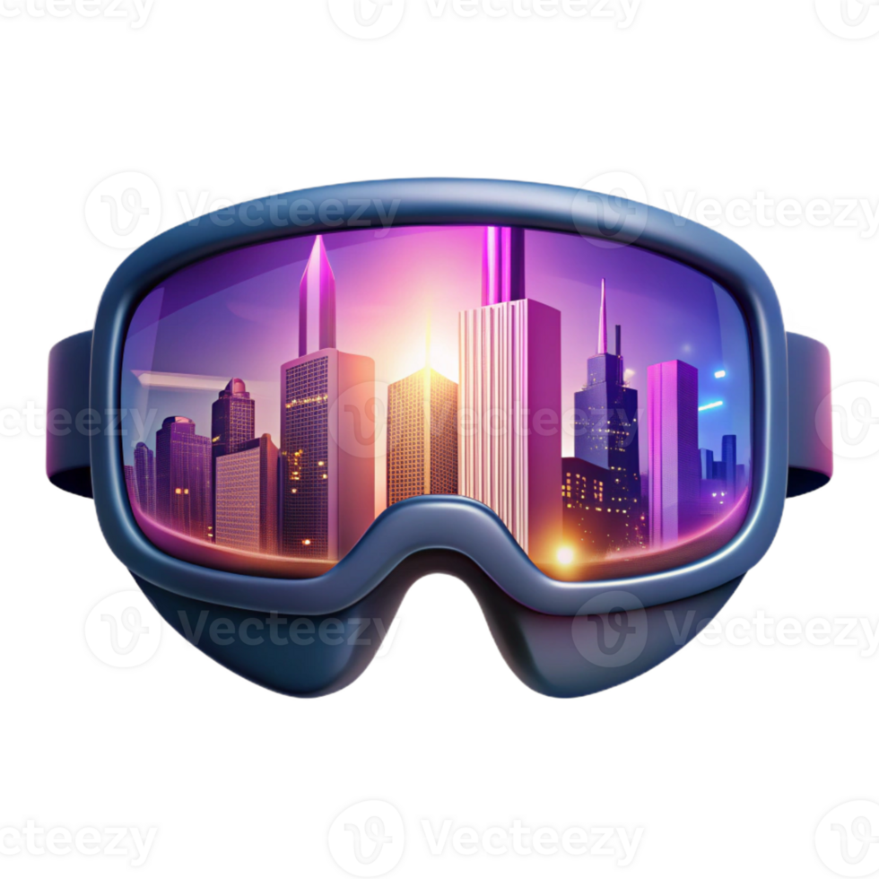dramatic minimalist A pair of augmented reality glasses displaying a virtual cityscape, lit by the soft glow of the projected image, in a product photography style premium png