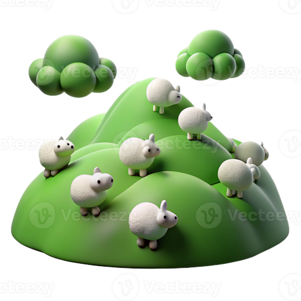 elegant minimalist A rolling green hill dotted with sheep grazing peacefully under a cloudy sky. Pastoral landscape style exclusive png