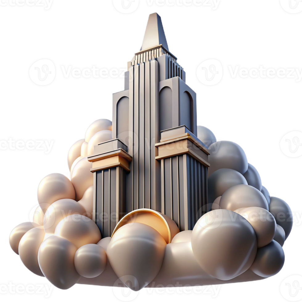 elegant modern Art deco skyscraper reaching into a cloudy sky, intricate architectural details, soft morning light, photorealistic style exclusive png