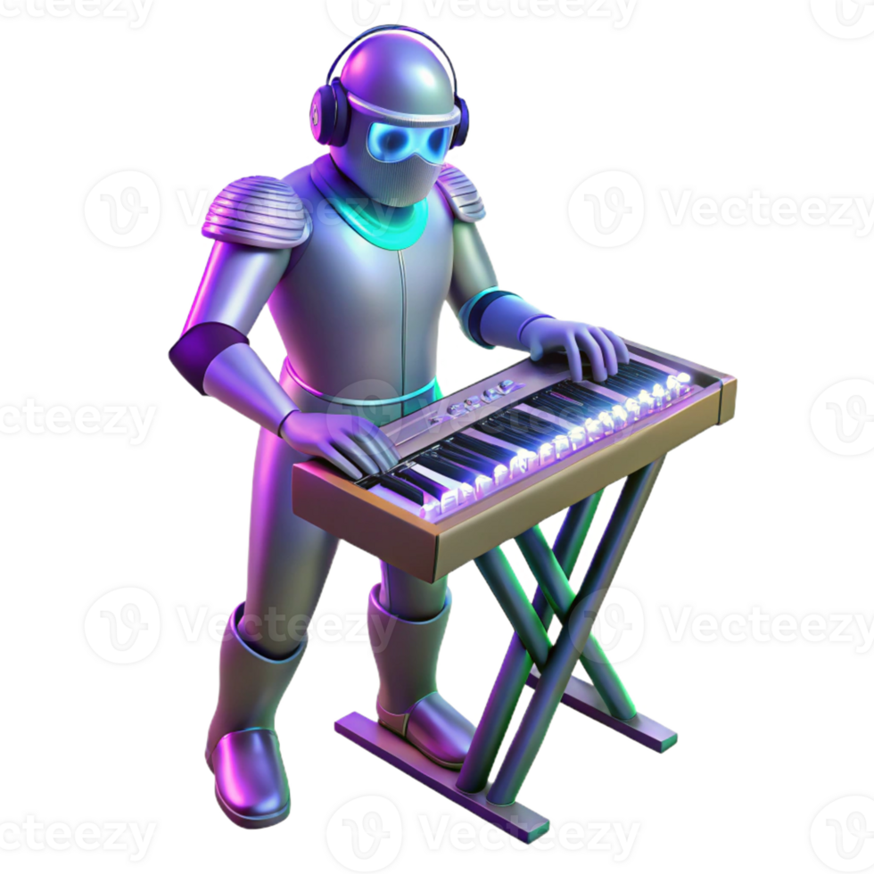 elegant abstract A robotic musician playing a futuristic synthesizer, surrounded by pulsating, neon lights. Synthwave style detailed png