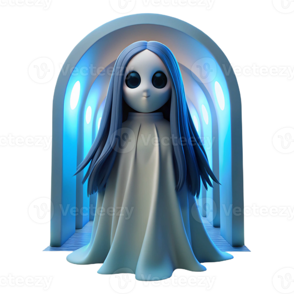 impressive contemporary A spectral figure with hollow eyes and long, flowing black hair floating through a crumbling hallway. Cold, ethereal blue lighting. Ghost story, romanticism style premium png