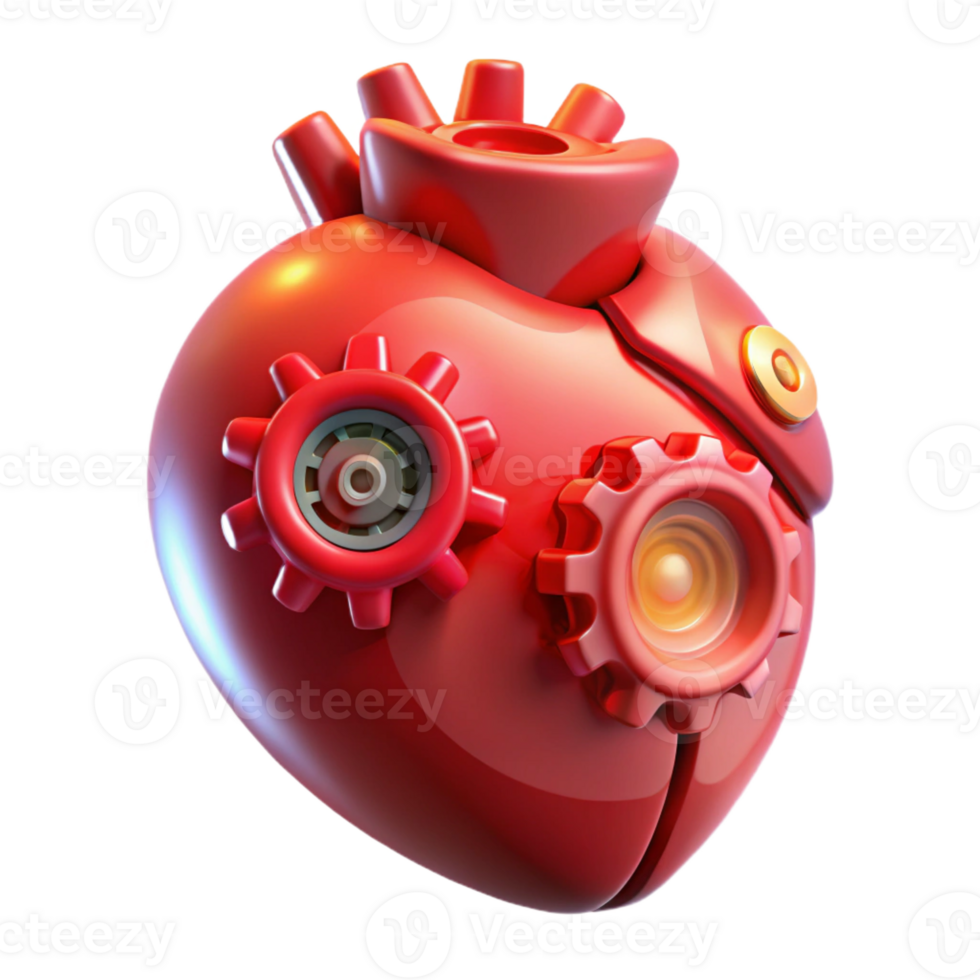 serene classic A close-up of a mechanical heart, its gears turning slowly, lit by a pulsating red light. Biomechanical and surreal style detailed png