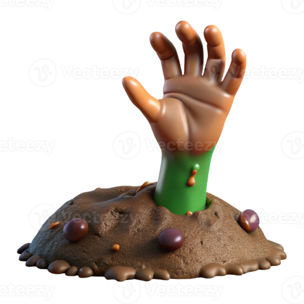 beautiful traditional A decaying hand reaching out from a muddy grave. Dim, overcast lighting. Zombie horror, gritty realism style high quality png