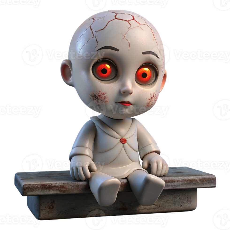 vibrant vintage A porcelain doll with cracked paint and glowing red eyes sitting on a dusty shelf. Dim, candlelit lighting. Creepy doll, uncanny valley style authentic png