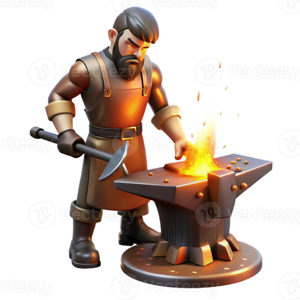 stunning classic A skilled blacksmith forging a sword in his fiery forge, illuminated by the intense orange glow of the flames, in a realistic style premium png