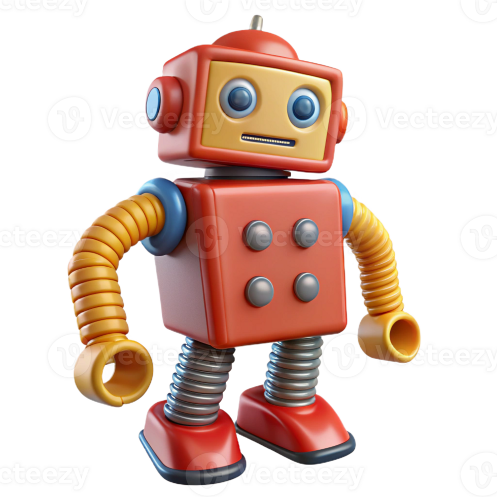wonderful classic A vintage, toy robot with bright, primary colors winding down, its key protruding from its back. Retro illustration style 4K png