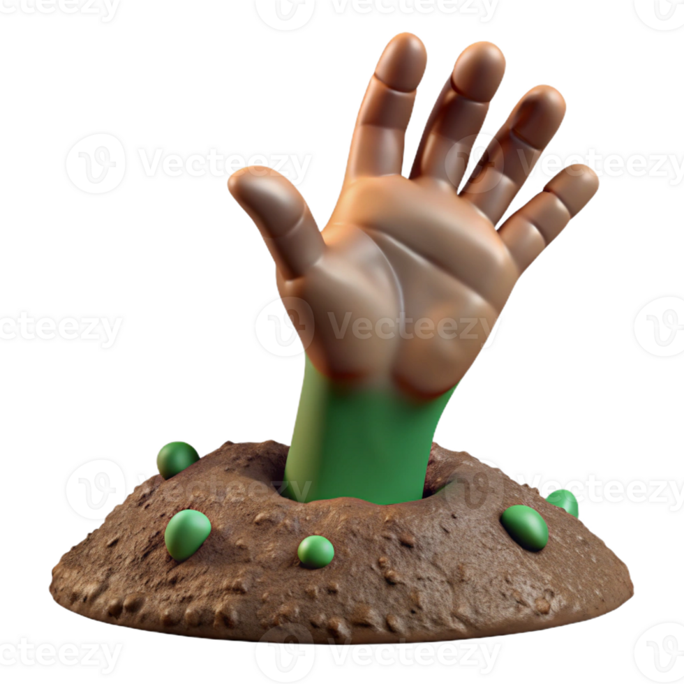 beautiful traditional A decaying hand reaching out from a muddy grave. Dim, overcast lighting. Zombie horror, gritty realism style detailed png