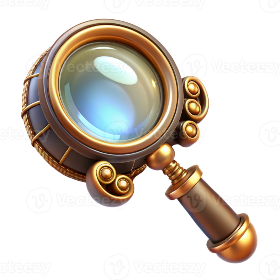 beautiful vintage A steampunk monocle with a magnifying glass and intricate filigree design, reflecting a bright light, in a product photography style original png