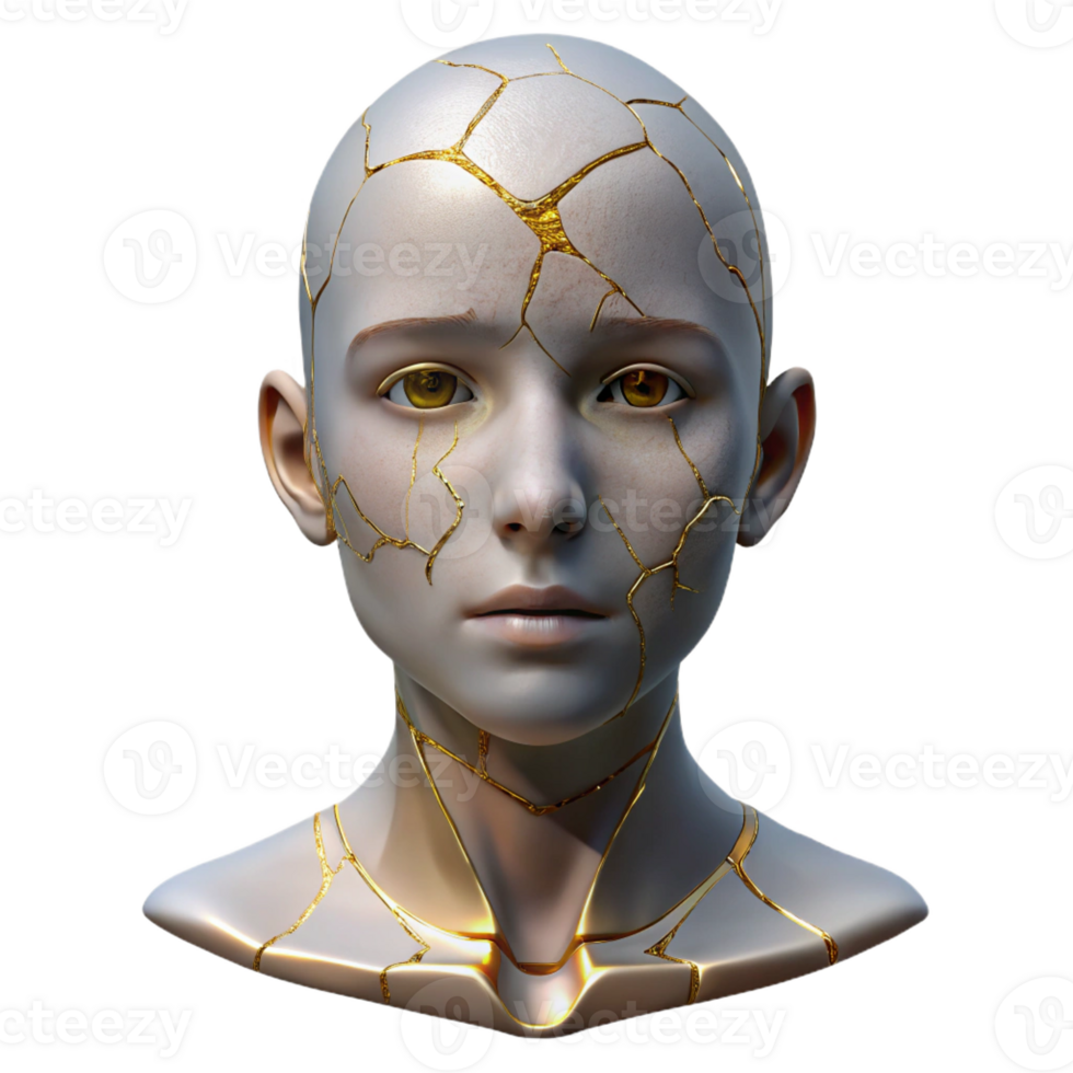 dramatic vintage Portrait of a person with skin made of cracked porcelain, revealing intricate gold detailing underneath, lit by warm, antique lighting, in a kintsugi-inspired style exclusive png