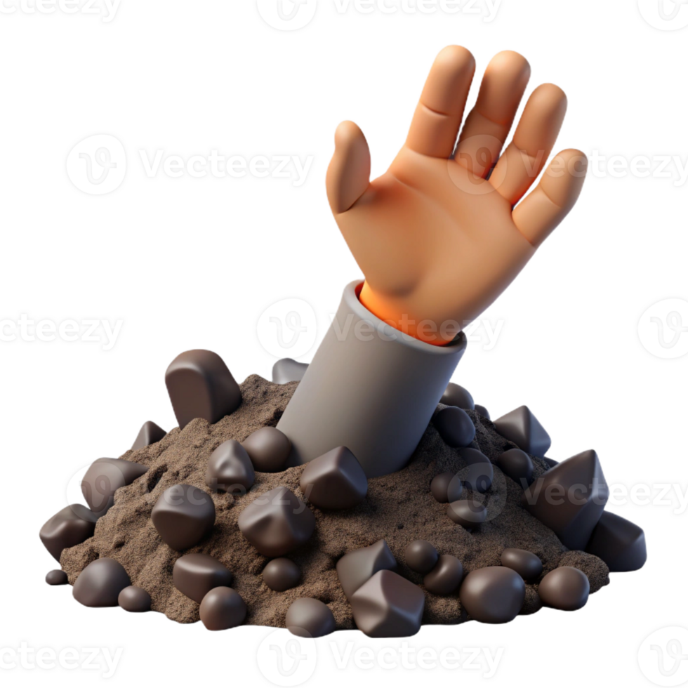 stunning traditional A withered hand reaching out from beneath a pile of rubble, haunting and symbolic, dim and dusty lighting authentic png