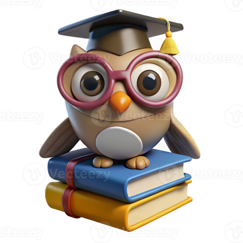 stunning minimalist A wise old owl perched on a stack of books, wearing spectacles and a graduation cap, soft lighting, reminiscent of a children's storybook illustration exclusive png