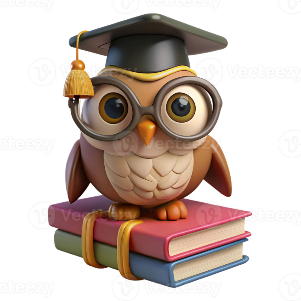 extraordinary creative A wise old owl perched on a stack of books, wearing spectacles and a graduation cap, soft lighting, reminiscent of a children's storybook illustration authentic png