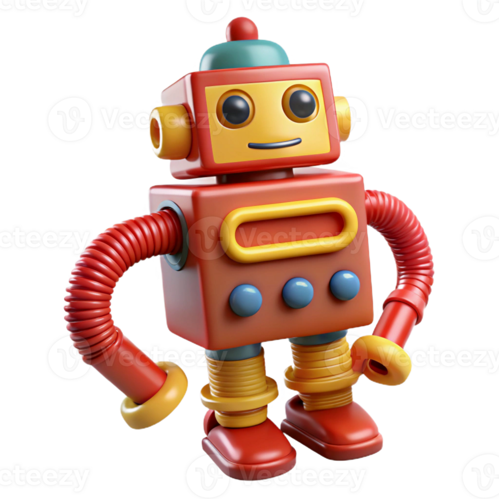 impressive classic A vintage, toy robot with bright, primary colors winding down, its key protruding from its back. Retro illustration style authentic png