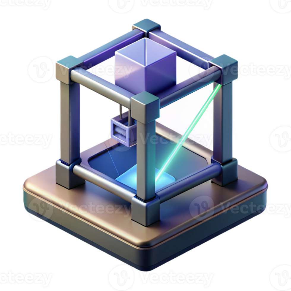 elegant artistic A 3D printer creating a complex, geometric object layer by layer, illuminated by a focused laser beam, rendered in a technical, manufacturing style detailed png