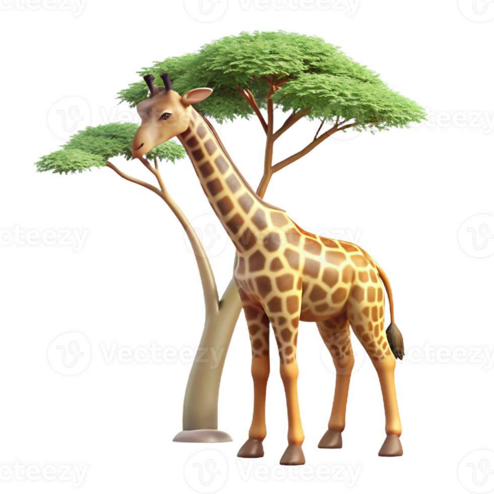 beautiful minimalist A graceful giraffe reaching for leaves on a tall acacia tree, rendered in a realistic style with soft, dappled lighting genuine png