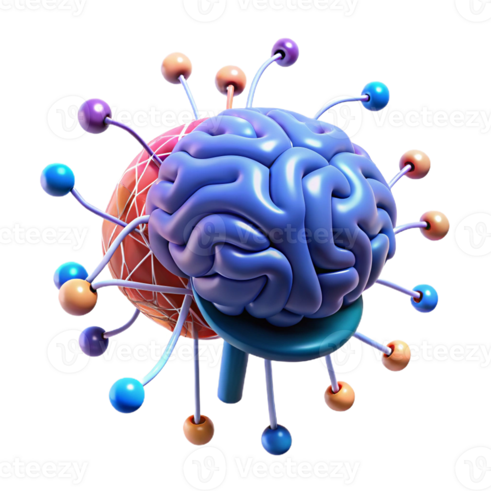 stunning creative A human brain connected to a complex network of wires and circuits, floating in a digital space. Electric, vibrant lighting. Biopunk style premium png