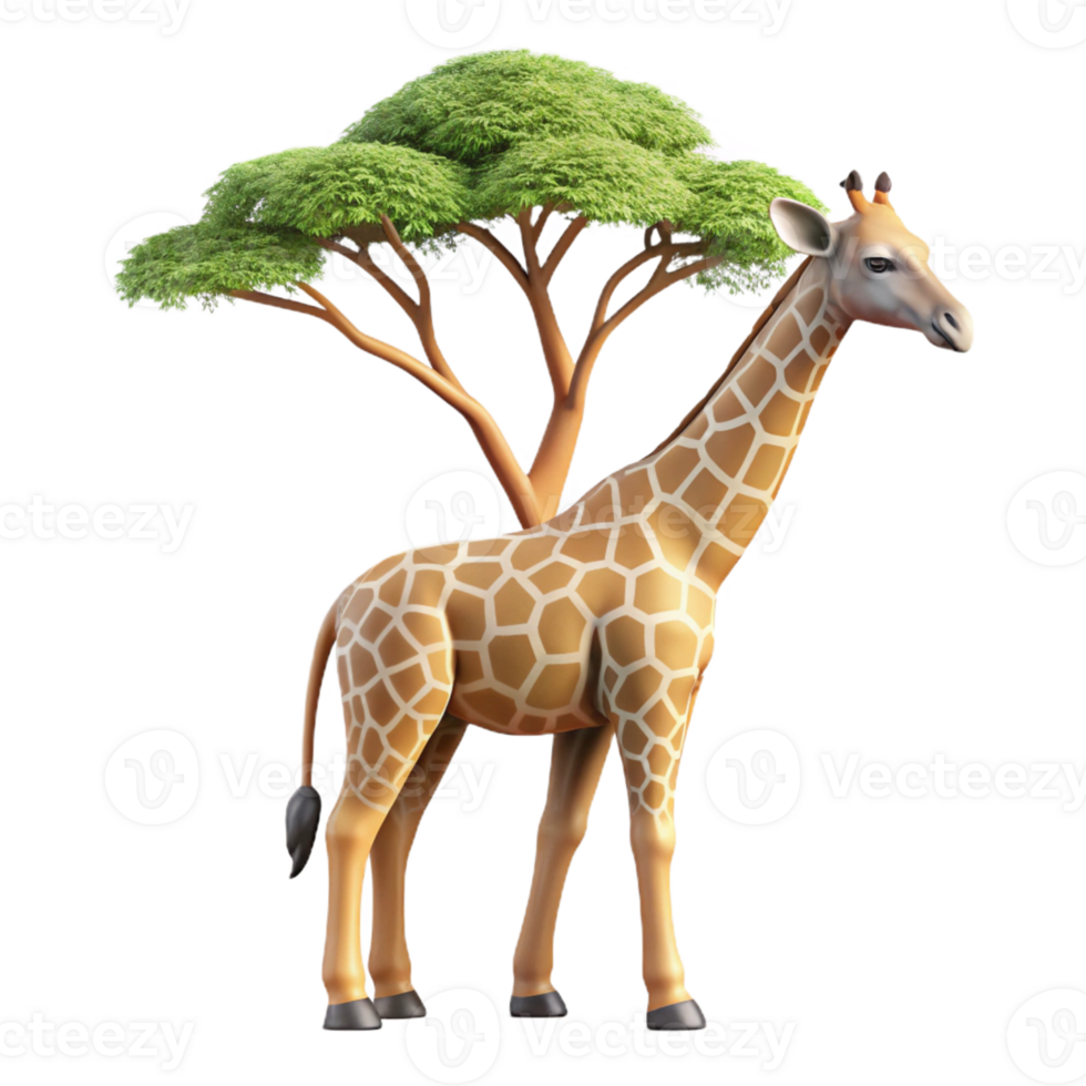 elegant abstract A graceful giraffe reaching for leaves on a tall acacia tree, rendered in a realistic style with soft, dappled lighting authentic png