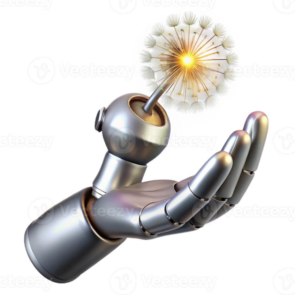 dramatic minimalist A chrome robotic hand delicately holding a glowing dandelion seed, illuminated by soft, ethereal light, rendered in a hyperrealistic style high resolution png
