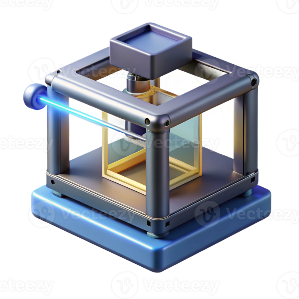 extraordinary modern A 3D printer creating a complex, geometric object layer by layer, illuminated by a focused laser beam, rendered in a technical, manufacturing style authentic png