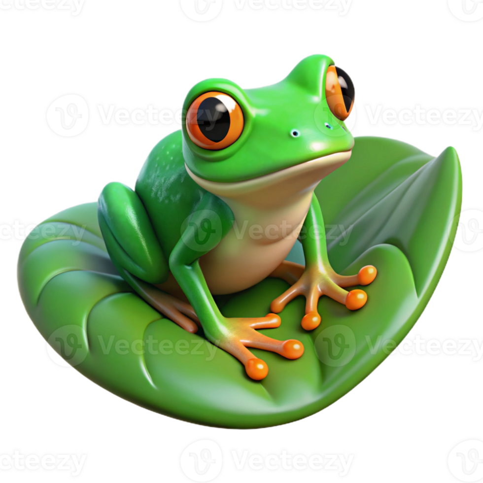 extraordinary rustic A tiny green tree frog perched on a giant, dew-kissed leaf, portrayed in a hyperrealistic style with vibrant colors exclusive png