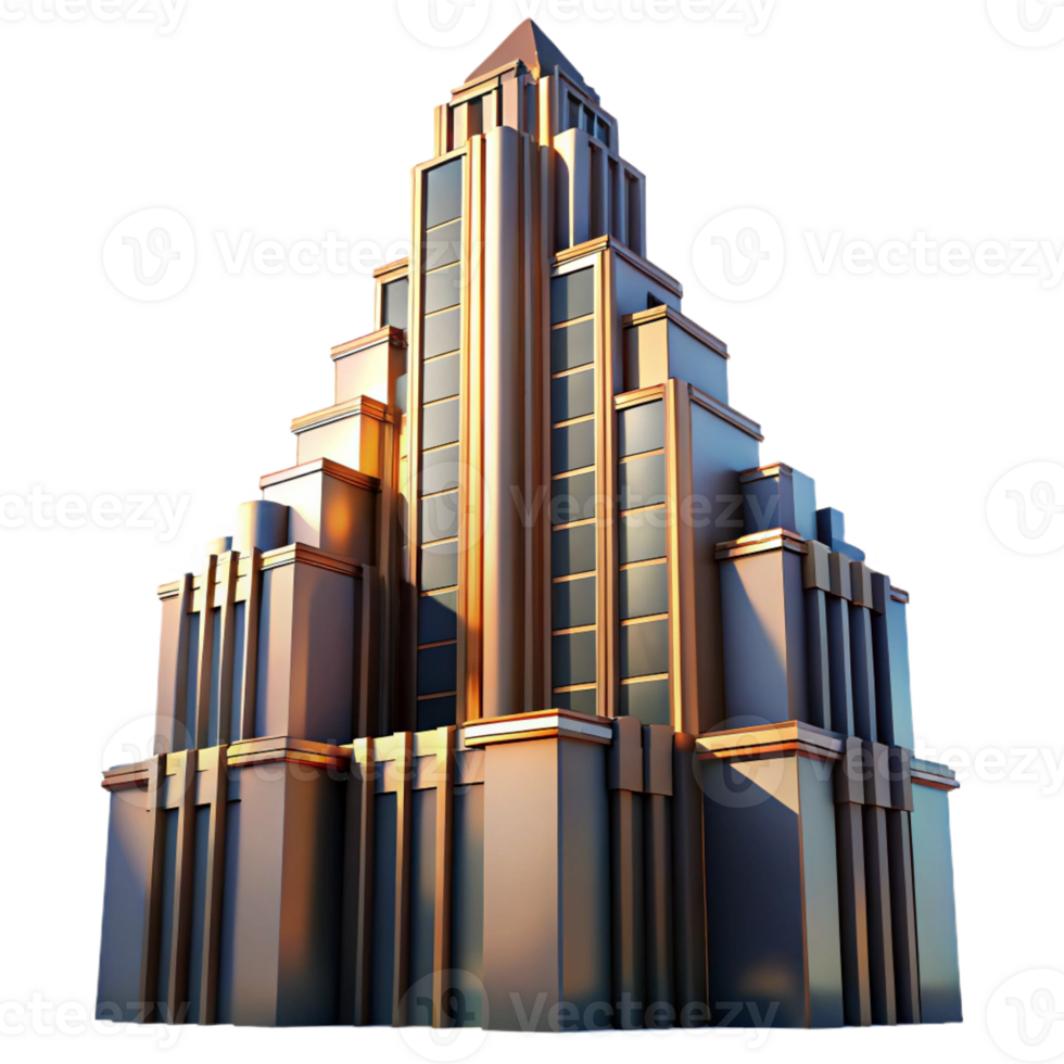 beautiful contemporary Art Deco skyscraper, intricate geometric facade, chrome accents, sharp shadows cast by a late afternoon sun, volumetric lighting, cinematic style high quality png
