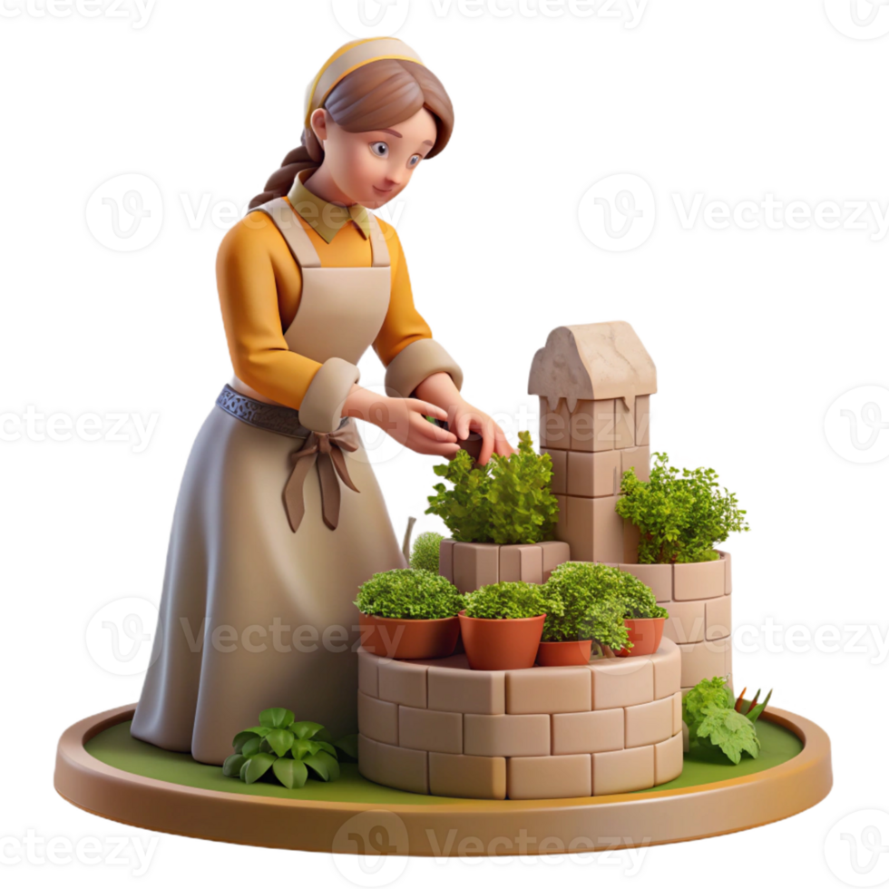 magnificent rustic A young woman in a simple medieval tunic, tending a small herb garden within the walls of a castle, bathed in soft, diffused daylight, in the style of a Pre-Raphaelite painting 4K png